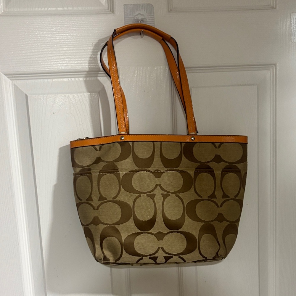 Coach Brown Signature Tote with Orange Trim - Picture 4 of 7